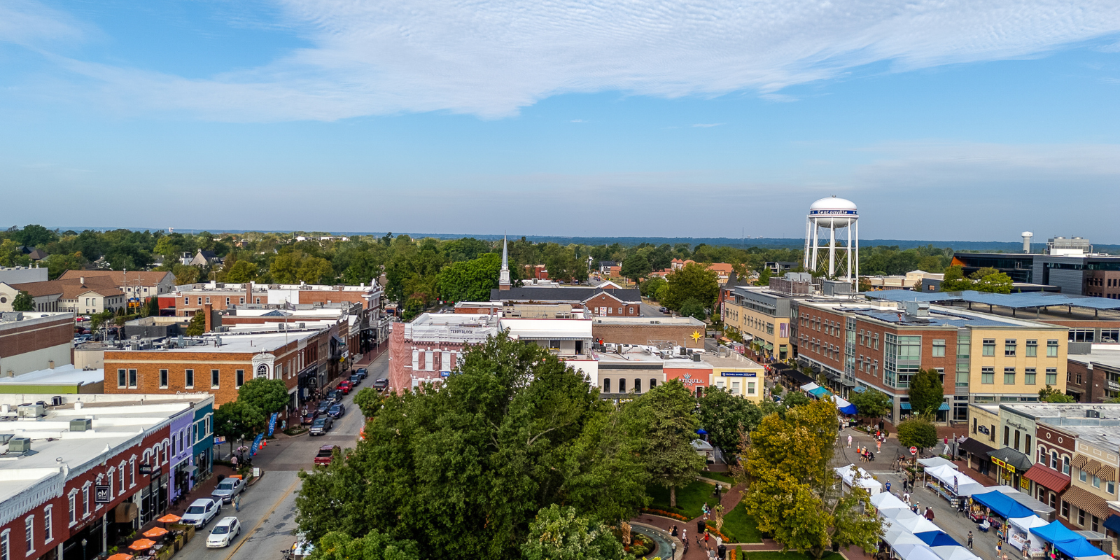 Bentonville Arkansas downtown skyline with historic square and business district