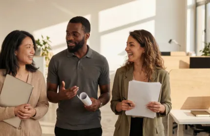 Three professionals walking together in a bright office space holding documents and discussing work, representing a dedicated resource program improving accounts receivable operations and driving business transformation.
