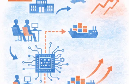 Illustration of a defense microchip supply chain showing U.S. government, engineering teams, semiconductor chip, logistics ships, and execution growth indicators