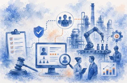 Watercolor illustration of regulatory compliance, talent acquisition and pharmaceutical manufacturing operations featuring candidate screening, quality assurance checklists, production automation, manufacturing facilities and workforce planning for a radiopharmaceutical manufacturer.