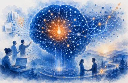 Illustration of a generative AI neural network connected to business professionals, digital data streams, and interconnected technology systems, representing AI platform development, collaboration, and scalability.