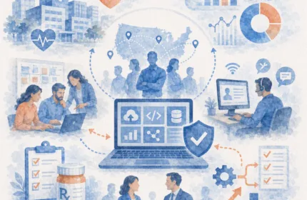 Illustration of a nationwide healthcare technology workforce strategy, featuring IT professionals, digital health systems, cloud technology, cybersecurity, analytics dashboards, healthcare facilities, and remote collaboration supporting a Fortune 500 health services enterprise.