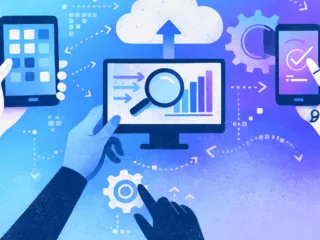Illustration of hands using mobile devices and a computer displaying charts, a magnifying glass, and cloud syncing icons, representing digital transformation and data analysis.