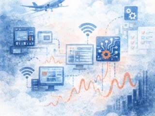 Illustration of aircraft avionics software systems integration with networked engineering platforms, wireless connectivity, and data analytics visualization
