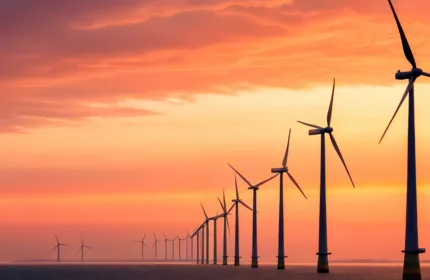 Wind turbines at sunset, representing administrative support for energy and utilities companies.
