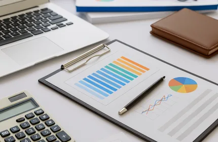 A workspace with a laptop, calculator, charts, a clipboard with colorful bar and pie graphs, a pen, stacked documents and a notebook arranged neatly on a white desk.