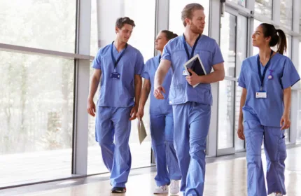 Medical professionals walking in a hallway, representing administrative and clinical support in healthcare.