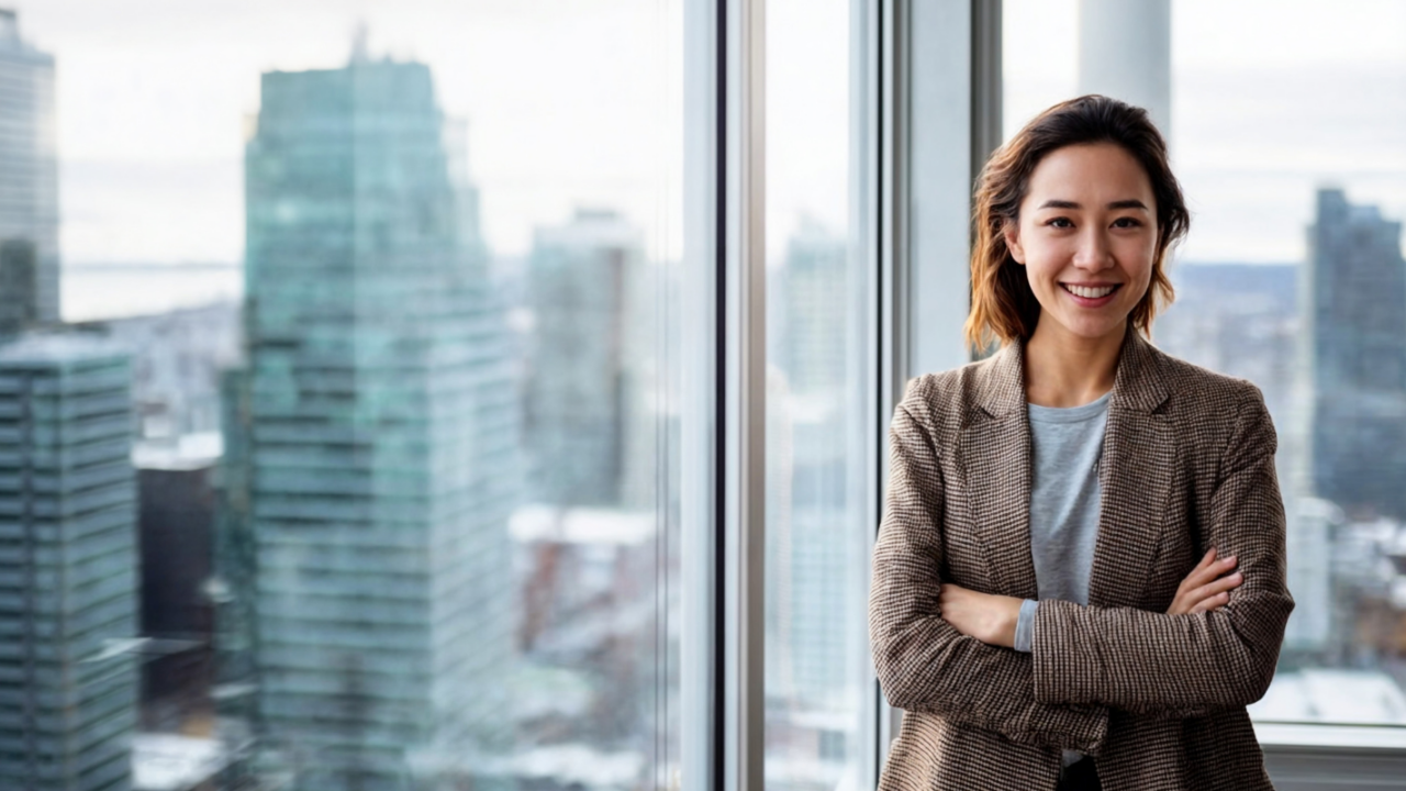 Confident office professional standing in front of floor to ceiling windows with an urban skyline view Professional woman in business attire standing in a high rise office with city buildings in the background