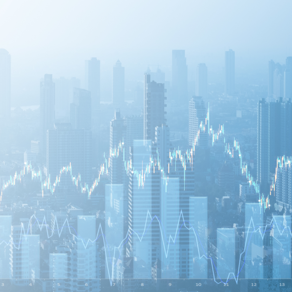 City skyline overlaid with financial graphs and data charts symbolizing finance and accounting optimization through analytics and performance improvement.