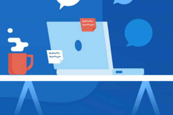 Illustration of a workspace with icons representing five essential remote work skills.
